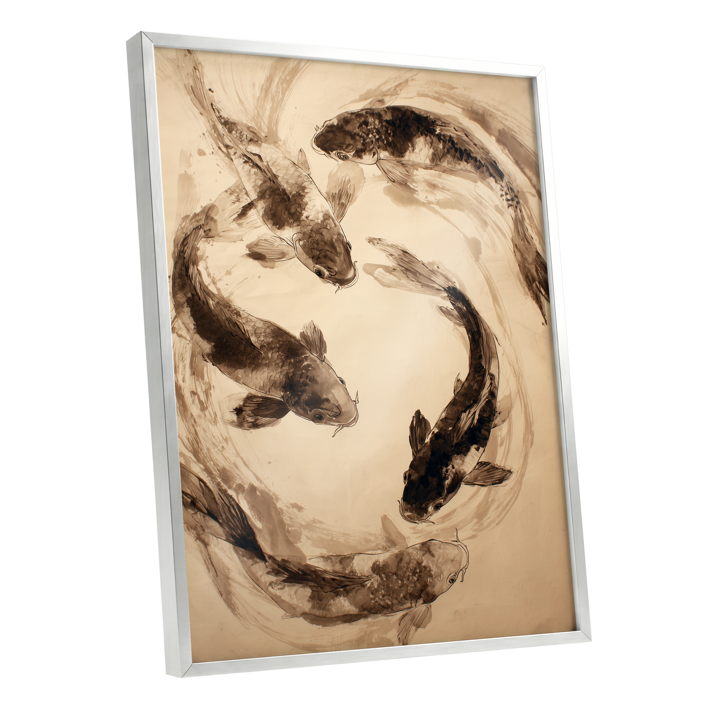 Koi in Sepia Currents, beige, brown, black nature wall art shown as a silver framed poster wall art print