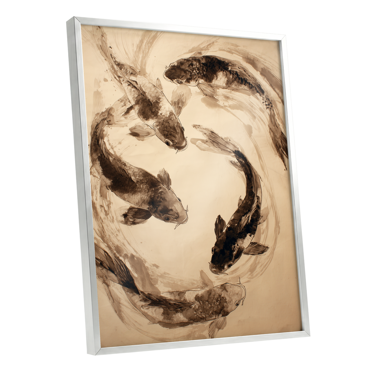 Koi in Sepia Currents, beige, brown, black nature wall art shown as a silver framed poster wall art print