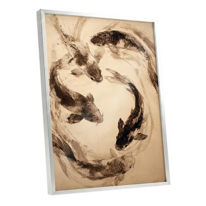 Koi in Sepia Currents, beige, brown, black nature wall art shown as a silver framed poster wall art print