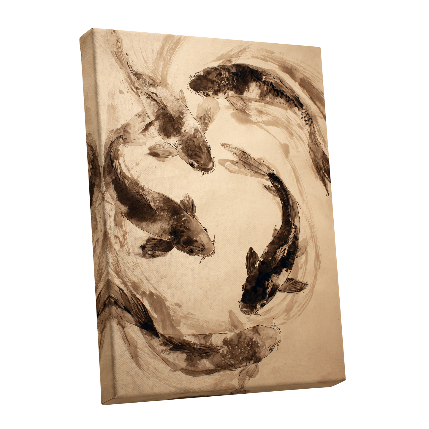 Koi in Sepia Currents, beige, brown, black nature wall art shown as a stretched canvas wall art