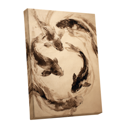Koi in Sepia Currents, beige, brown, black nature wall art shown as a stretched canvas wall art