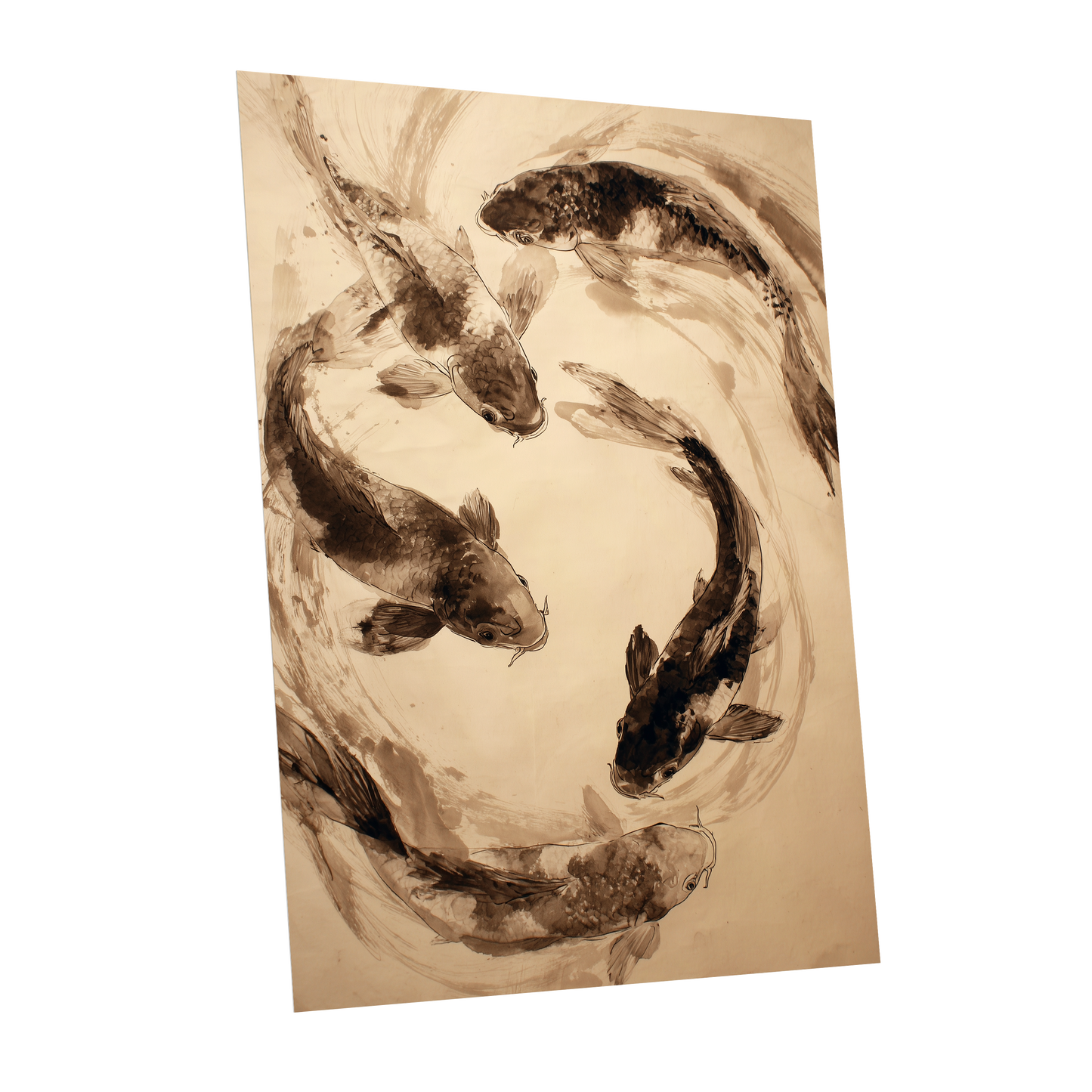 Koi in Sepia Currents, beige, brown, black nature wall art shown as a unframed poster wall art print