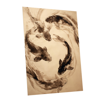 Koi in Sepia Currents, beige, brown, black nature wall art shown as a unframed poster wall art print