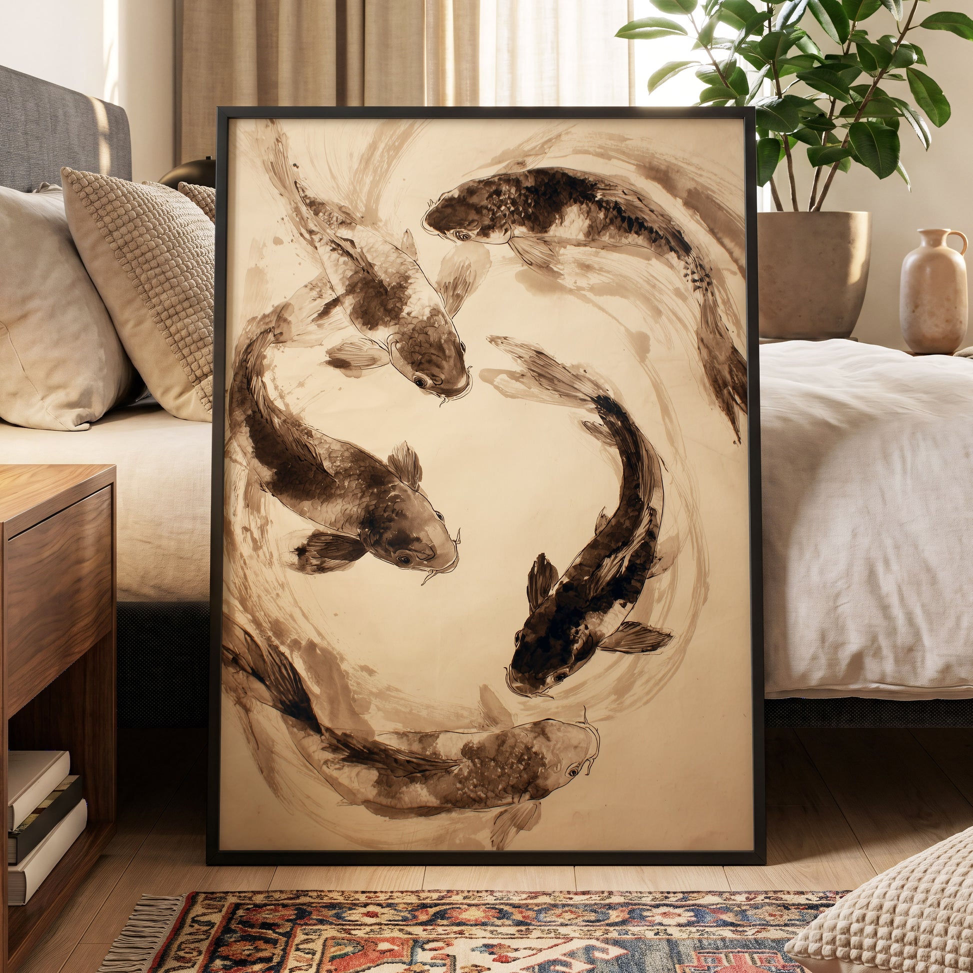 Koi in Sepia Currents, beige, brown, black nature wall art displayed in a styled interior, gallery view 2