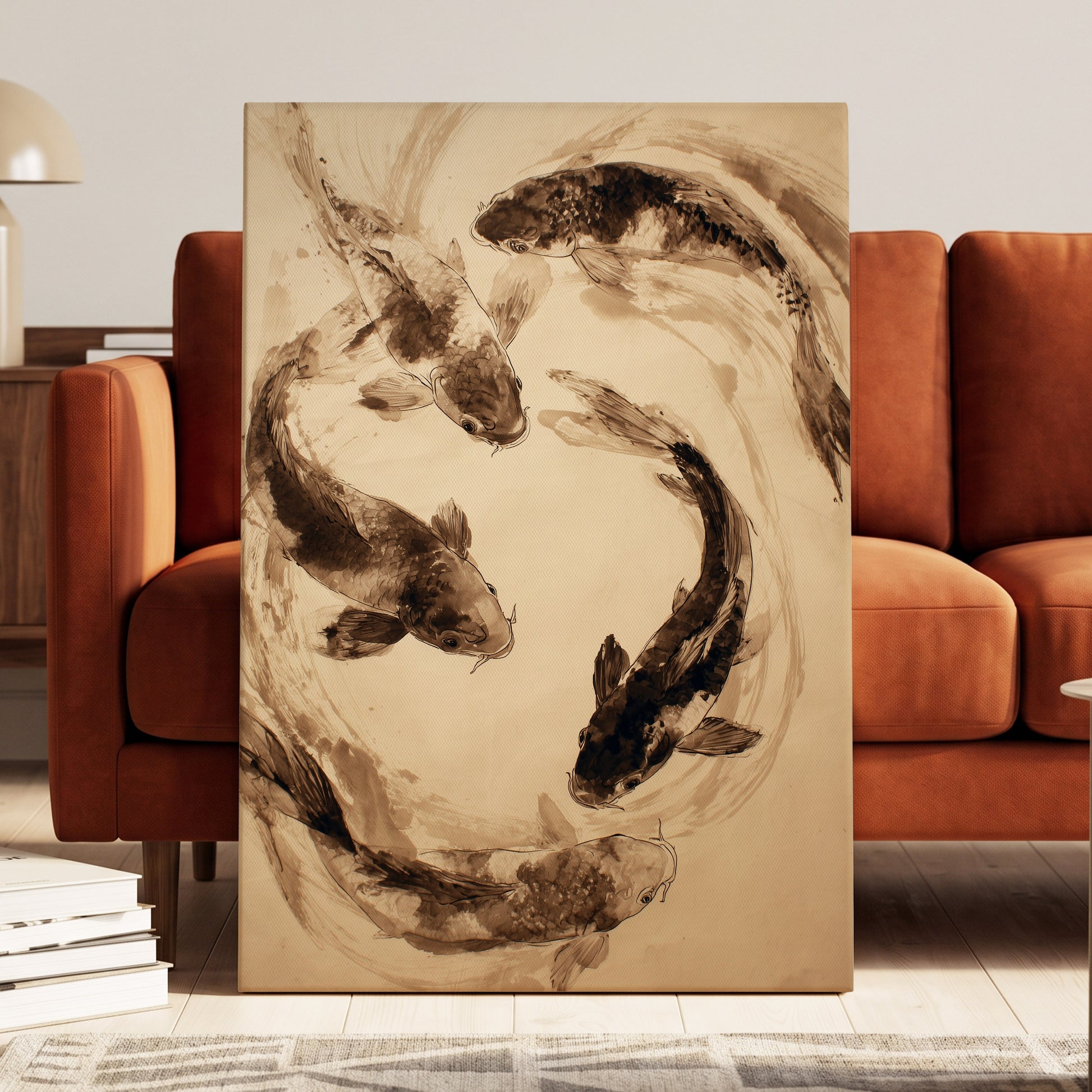 Koi in Sepia Currents, beige, brown, black nature wall art displayed in a styled interior, gallery view 3