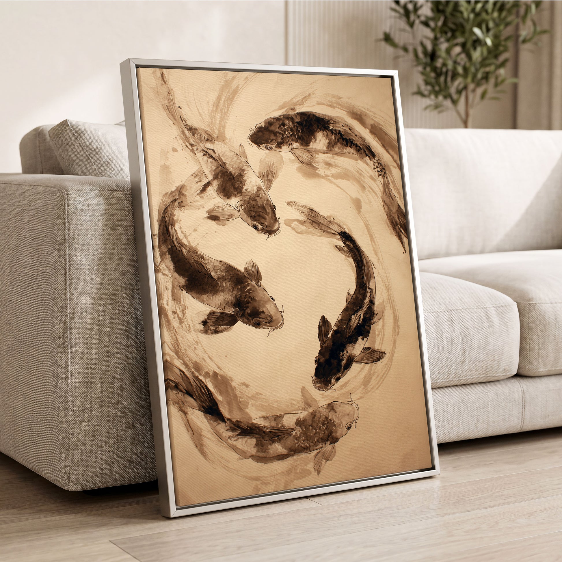 Koi in Sepia Currents, beige, brown, black nature wall art displayed in a styled interior, gallery view 4