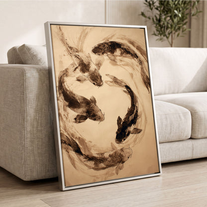 Koi in Sepia Currents, beige, brown, black nature wall art displayed in a styled interior, gallery view 4