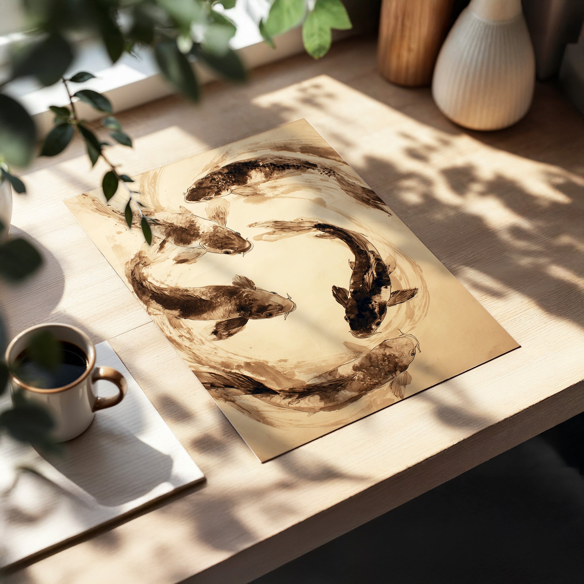 Koi in Sepia Currents, beige, brown, black nature wall art displayed in a styled interior, gallery view 5