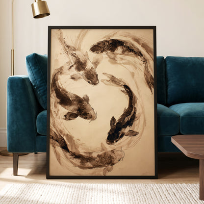 Koi in Sepia Currents, beige, brown, black nature wall art displayed in a styled interior, gallery view 6