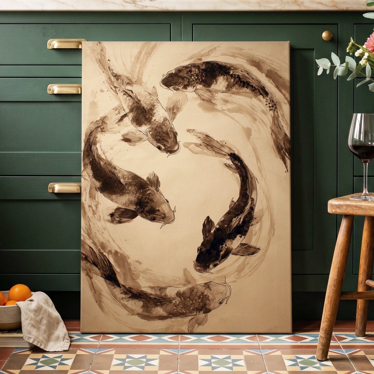 Koi in Sepia Currents, beige, brown, black nature wall art displayed in a styled interior, gallery view 7