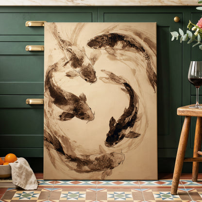 Koi in Sepia Currents, beige, brown, black nature wall art displayed in a styled interior, gallery view 7