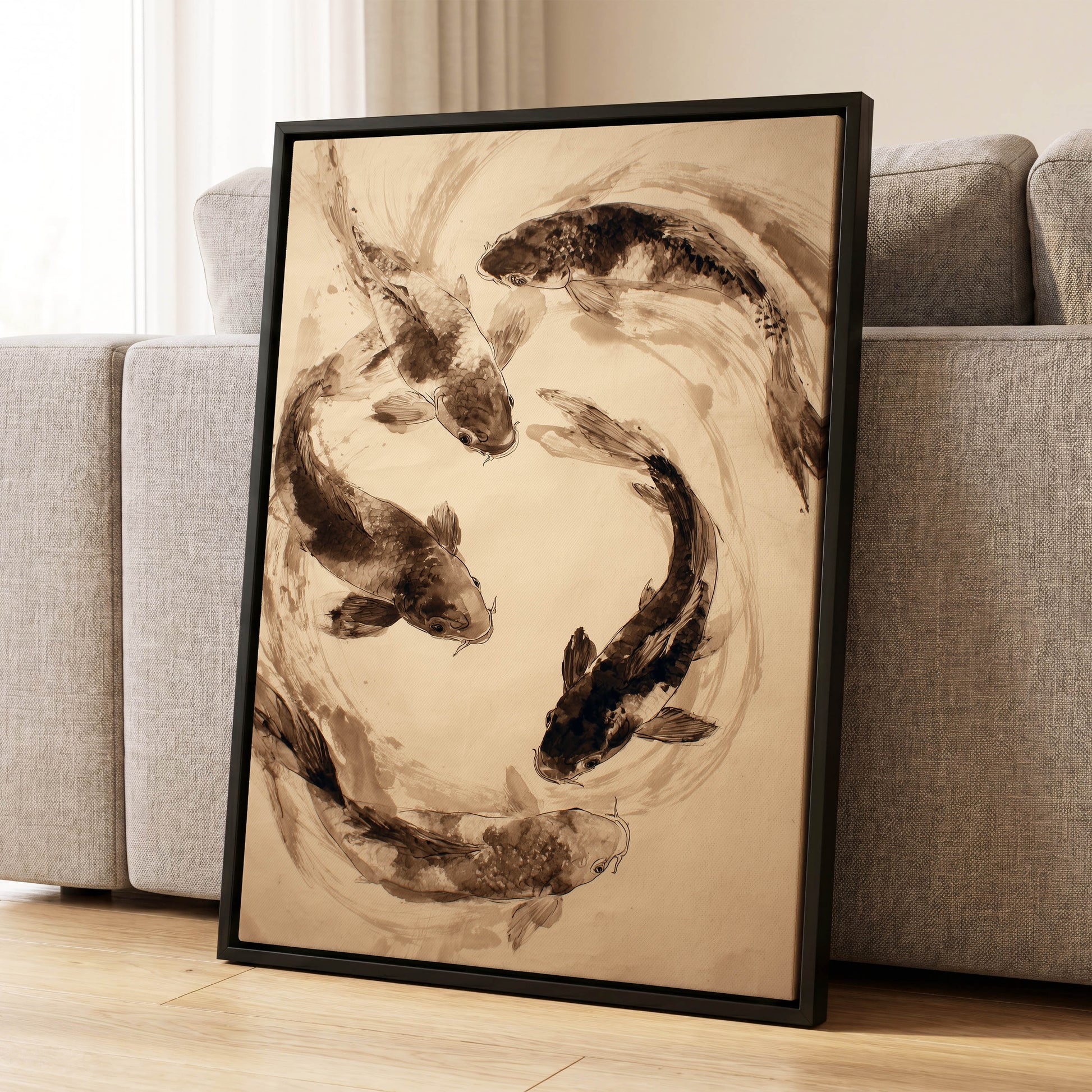 Koi in Sepia Currents, beige, brown, black nature wall art displayed in a styled interior, gallery view 8
