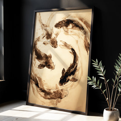 Koi in Sepia Currents, beige, brown, black nature wall art displayed in a styled interior, gallery view 9