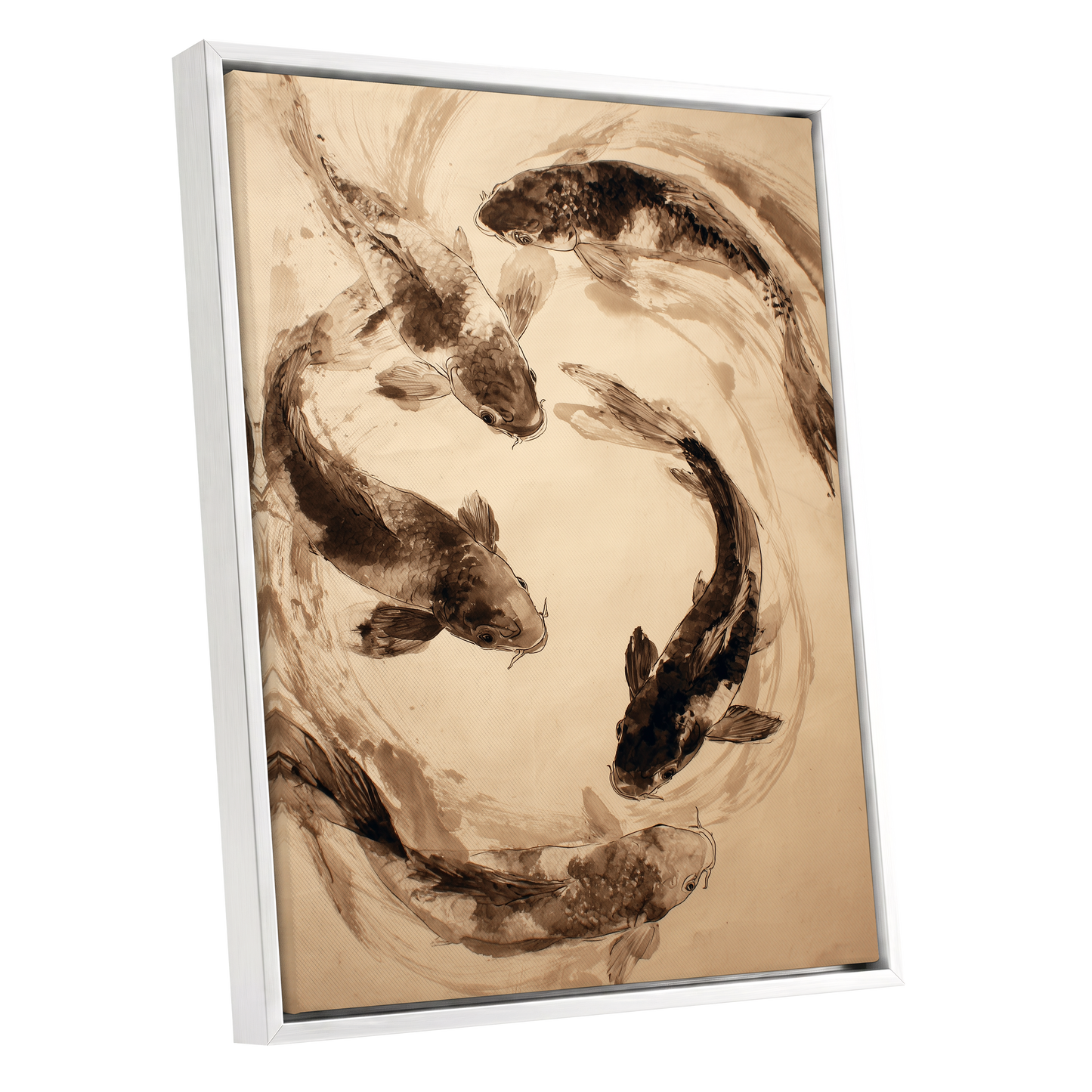 Koi in Sepia Currents, beige, brown, black nature wall art shown as a white framed canvas wall art