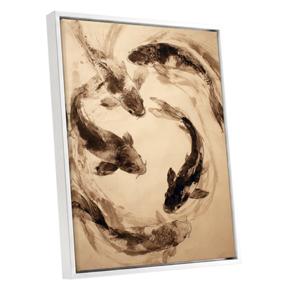 Koi in Sepia Currents, beige, brown, black nature wall art shown as a white framed canvas wall art