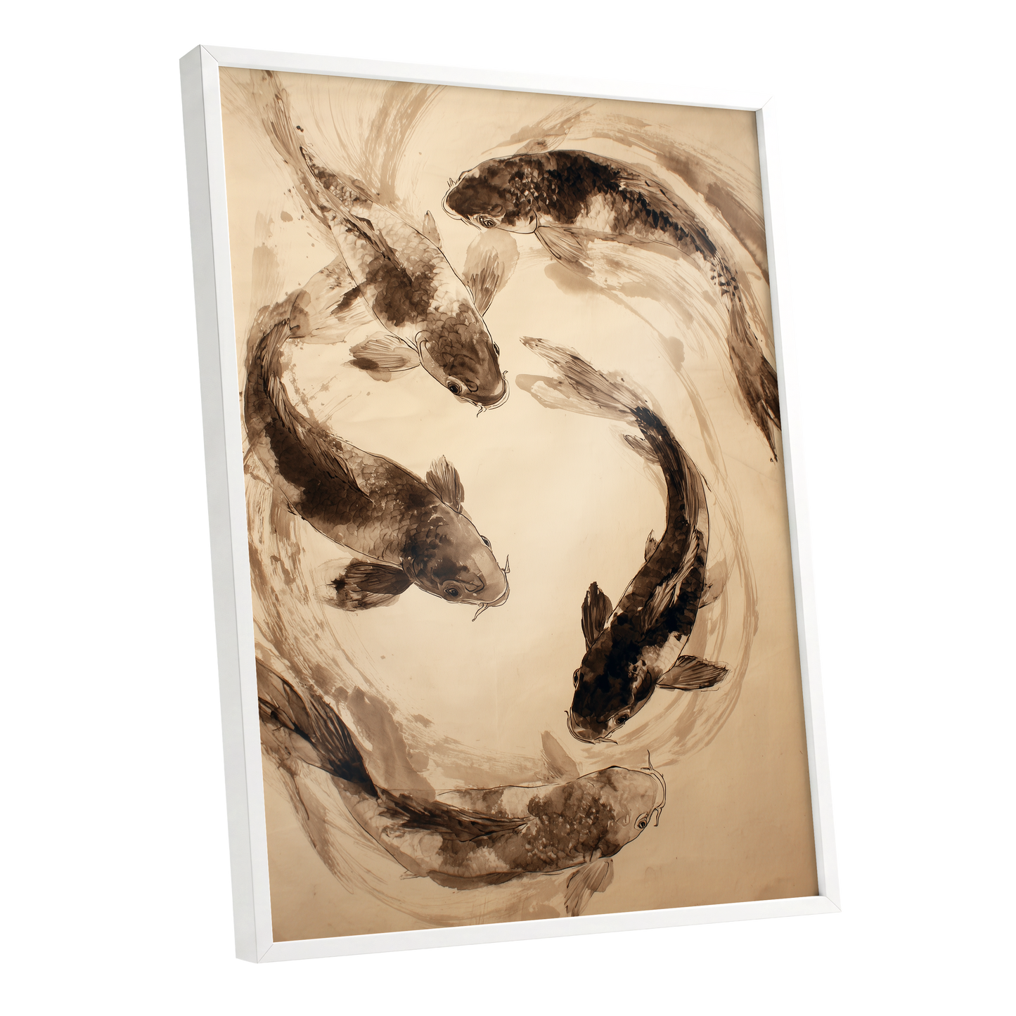 Koi in Sepia Currents, beige, brown, black nature wall art shown as a white framed poster wall art print