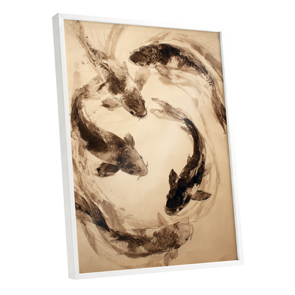 Koi in Sepia Currents, beige, brown, black nature wall art shown as a white framed poster wall art print