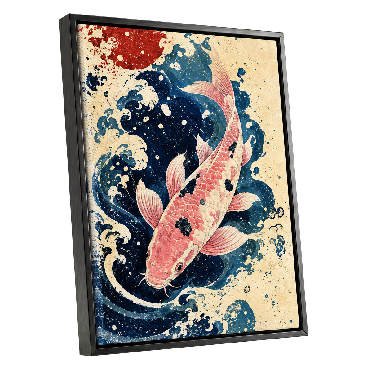 Koi in the Current, blue, pink, beige nature wall art shown as a black framed canvas wall art