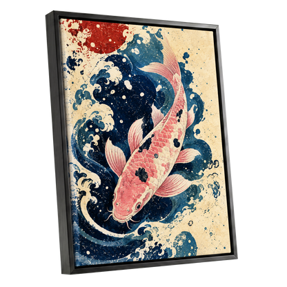Koi in the Current, blue, pink, beige nature wall art shown as a black framed canvas wall art