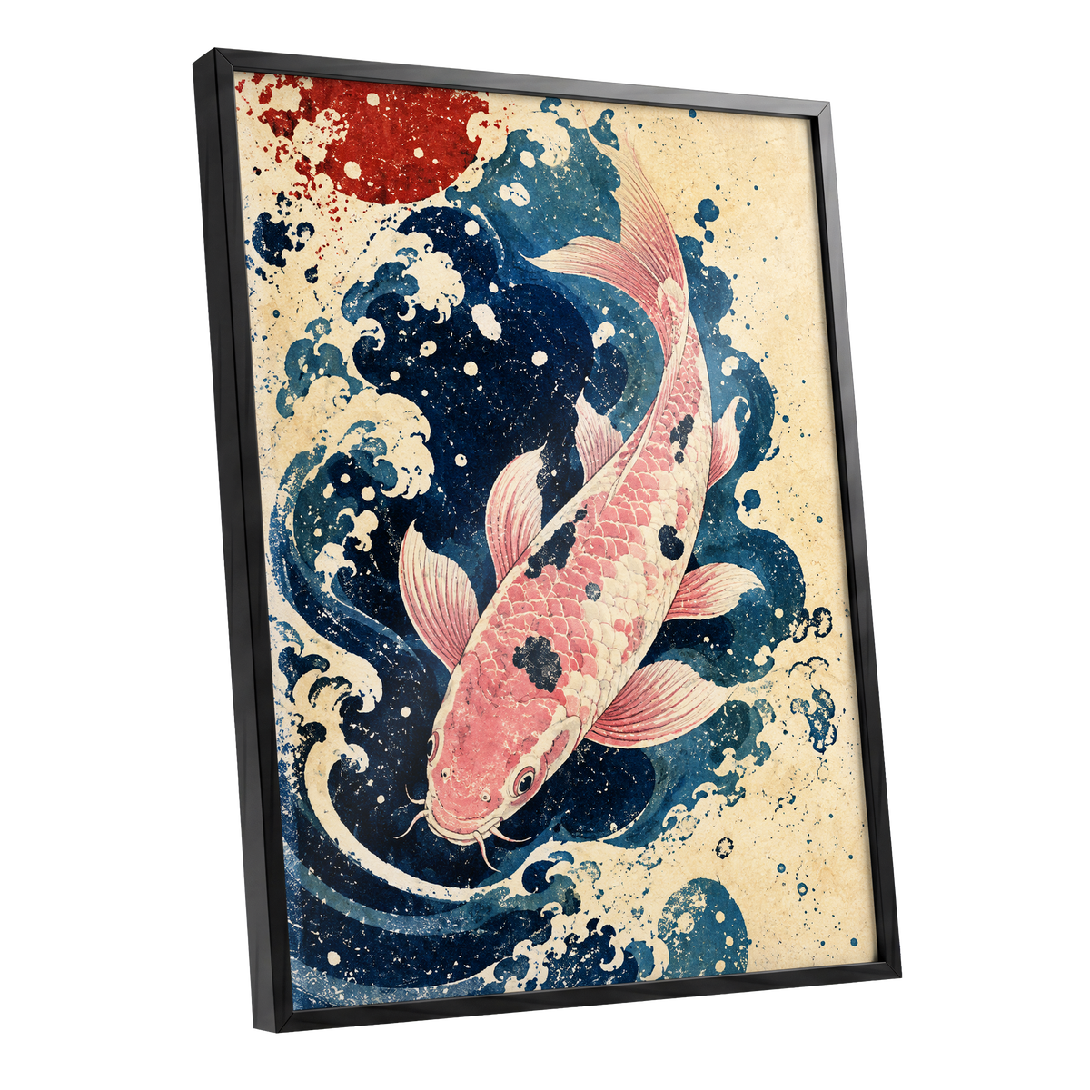 Koi in the Current, blue, pink, beige nature wall art shown as a black framed poster wall art print