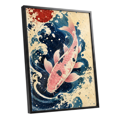 Koi in the Current, blue, pink, beige nature wall art shown as a black framed poster wall art print