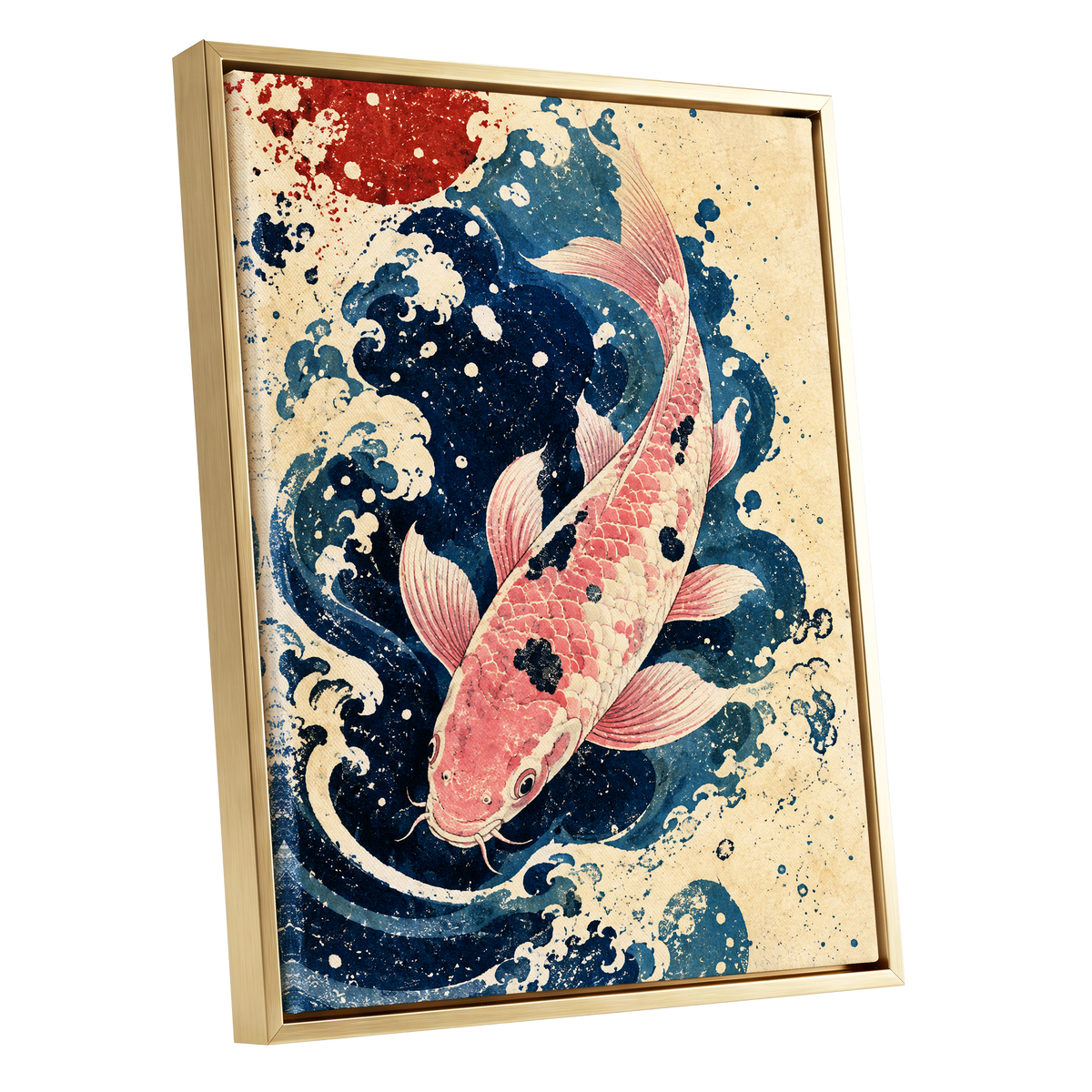 Koi in the Current, blue, pink, beige nature wall art shown as a gold framed canvas wall art