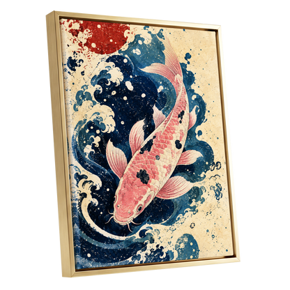 Koi in the Current, blue, pink, beige nature wall art shown as a gold framed canvas wall art