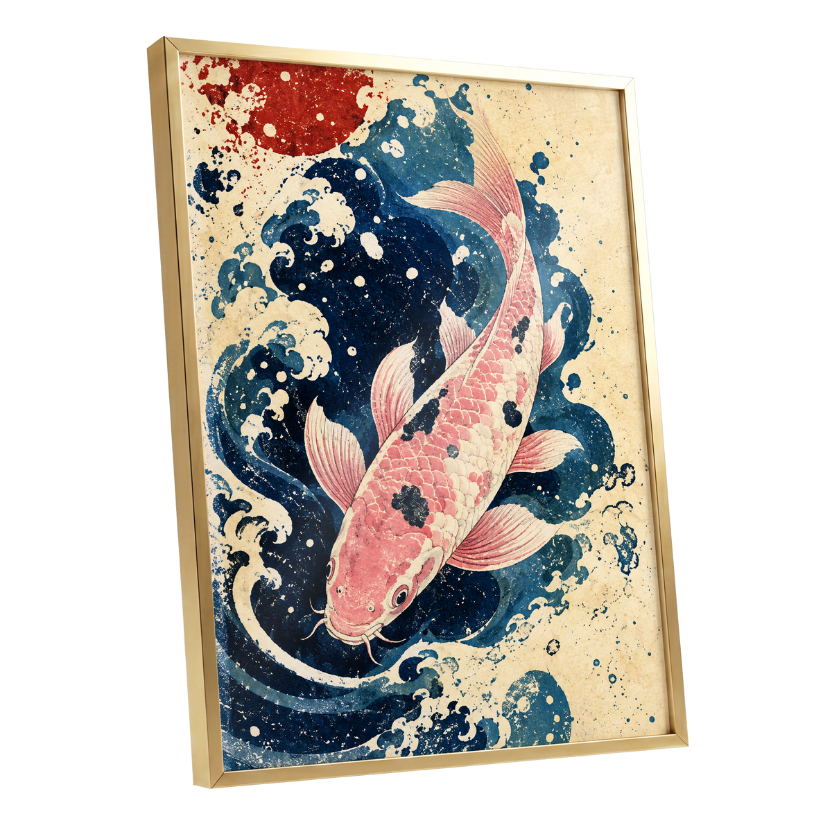 Koi in the Current, blue, pink, beige nature wall art shown as a gold framed poster wall art print