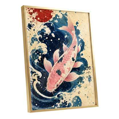 Koi in the Current, blue, pink, beige nature wall art shown as a gold framed poster wall art print