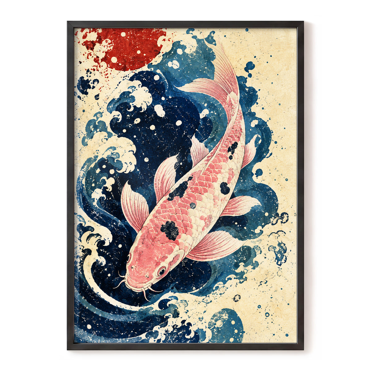 Koi in the Current, blue, pink, beige nature wall art, front artwork view
