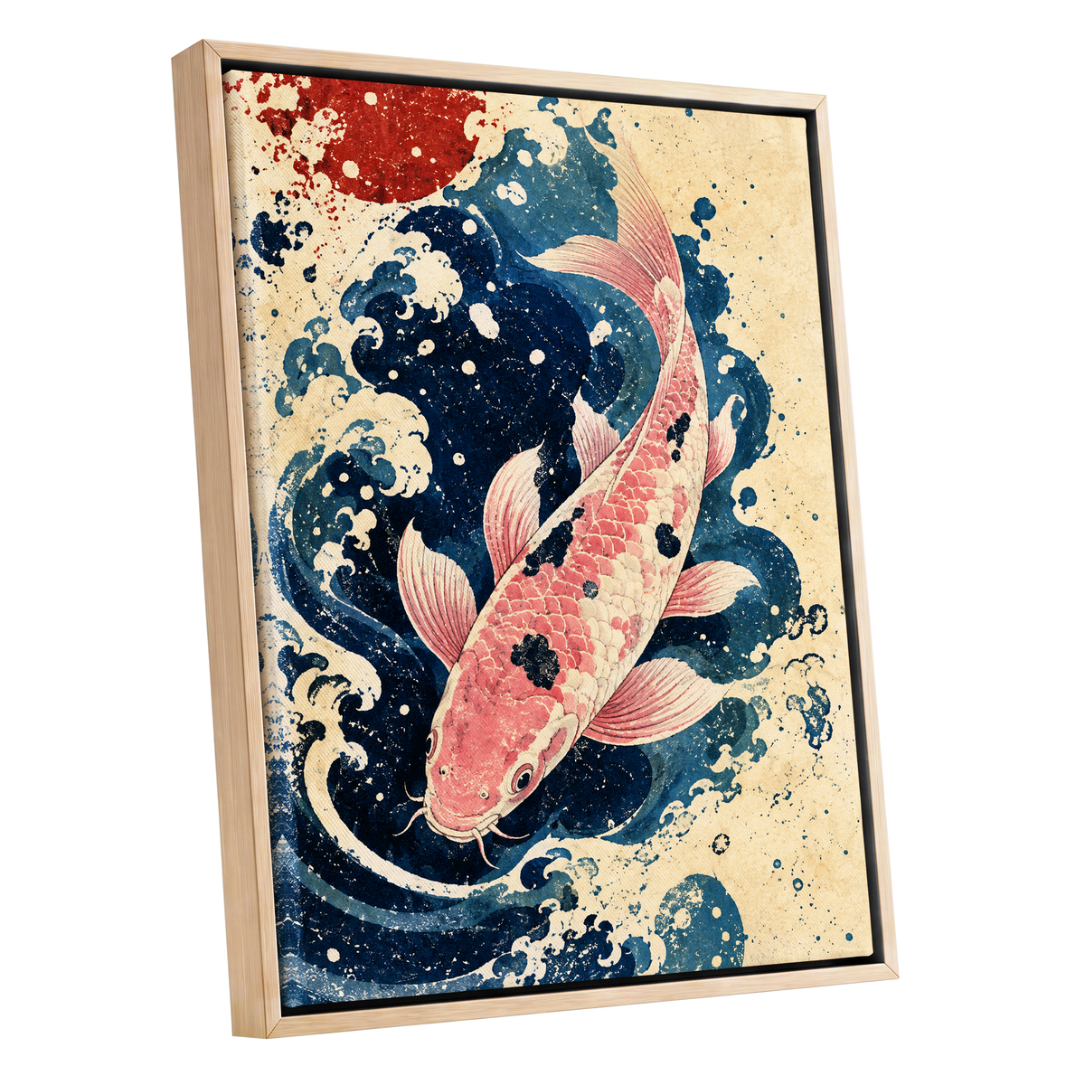 Koi in the Current, blue, pink, beige nature wall art shown as a oak framed canvas wall art