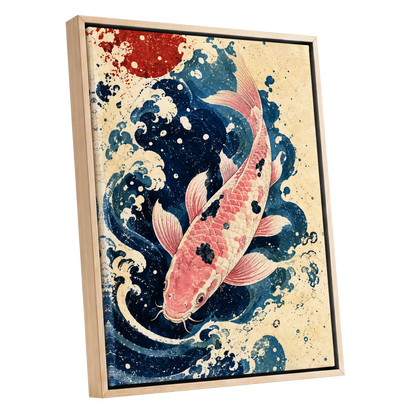 Koi in the Current, blue, pink, beige nature wall art shown as a oak framed canvas wall art