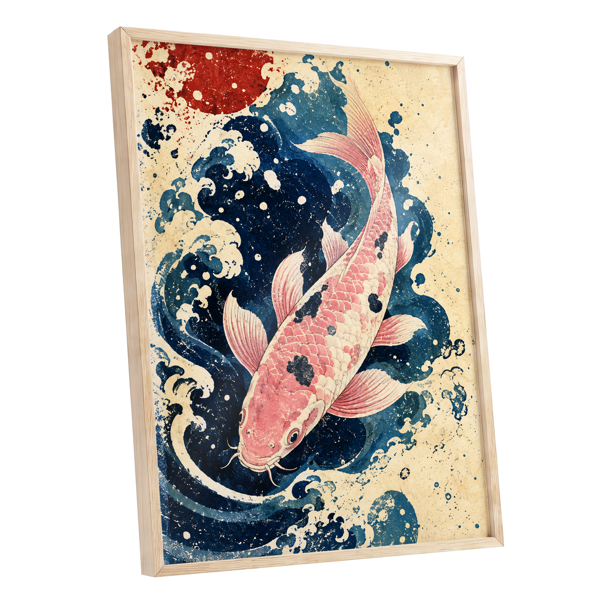 Koi in the Current, blue, pink, beige nature wall art shown as a oak framed poster wall art print