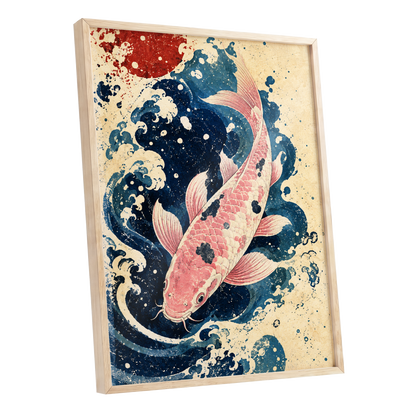 Koi in the Current, blue, pink, beige nature wall art shown as a oak framed poster wall art print