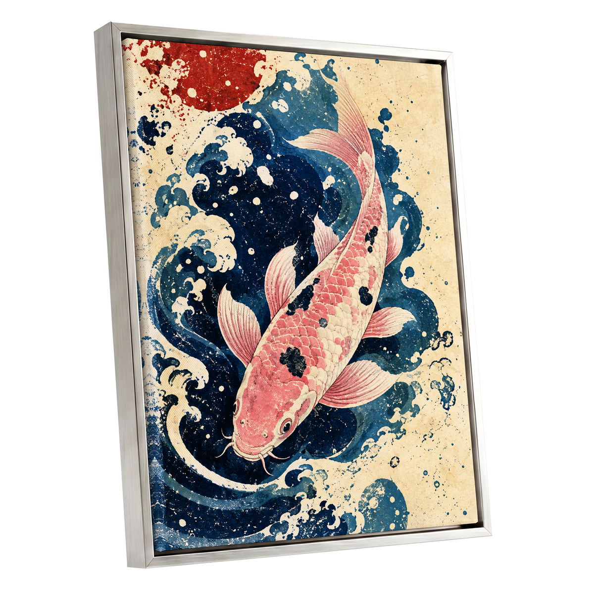 Koi in the Current, blue, pink, beige nature wall art shown as a silver framed canvas wall art