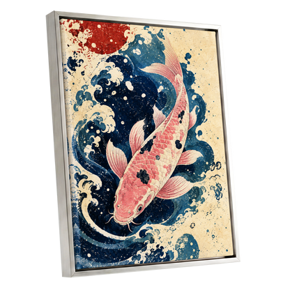 Koi in the Current, blue, pink, beige nature wall art shown as a silver framed canvas wall art
