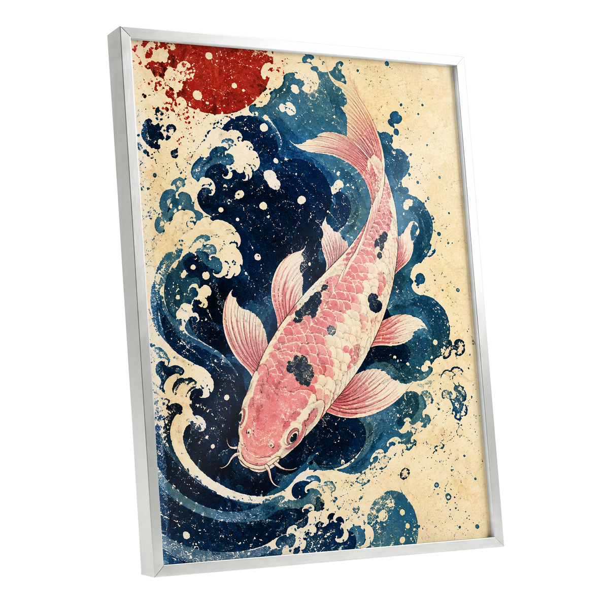 Koi in the Current, blue, pink, beige nature wall art shown as a silver framed poster wall art print