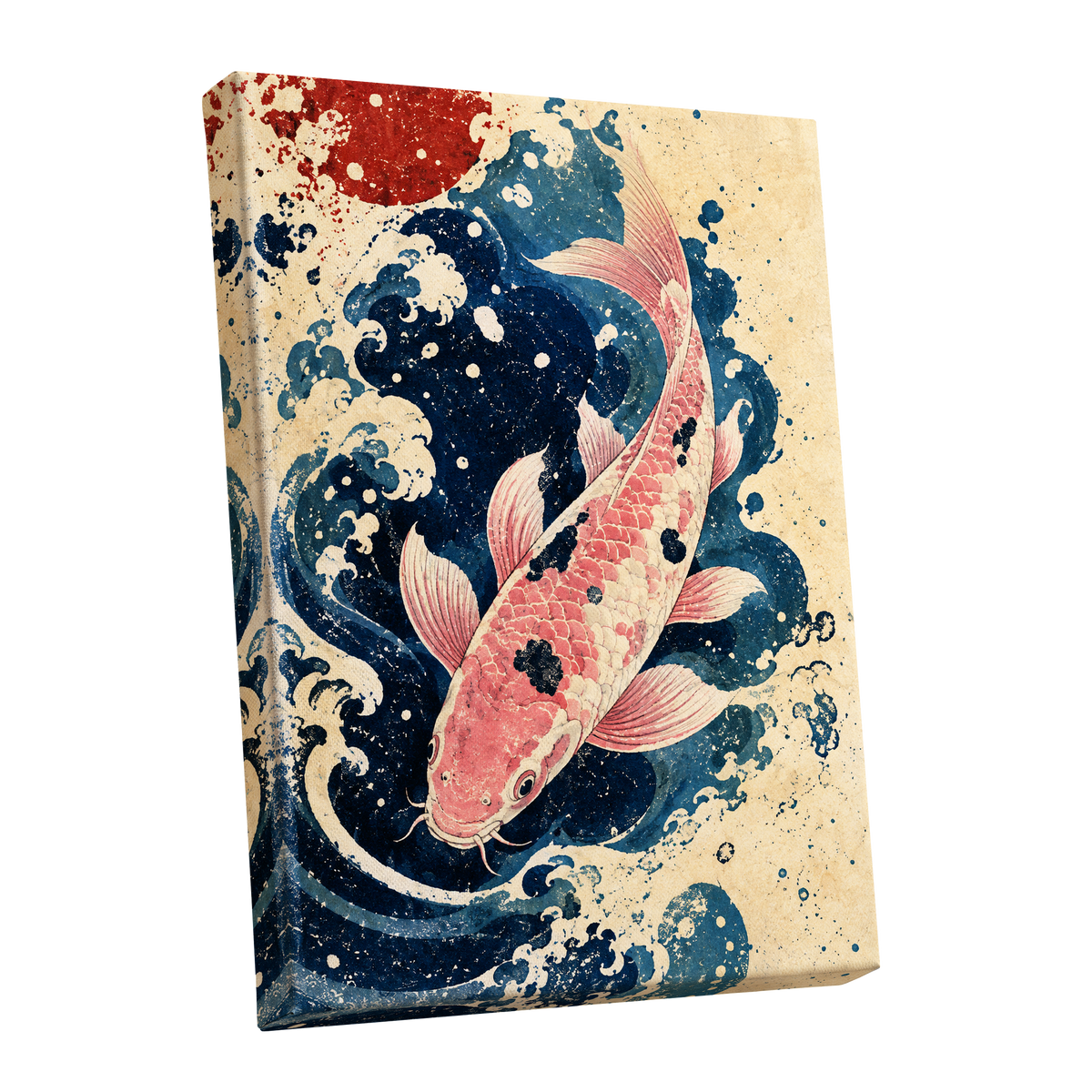 Koi in the Current, blue, pink, beige nature wall art shown as a stretched canvas wall art