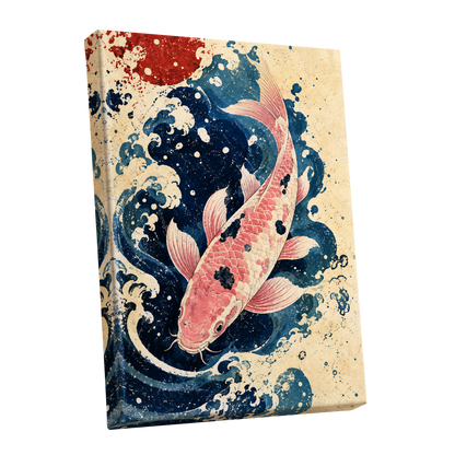 Koi in the Current, blue, pink, beige nature wall art shown as a stretched canvas wall art