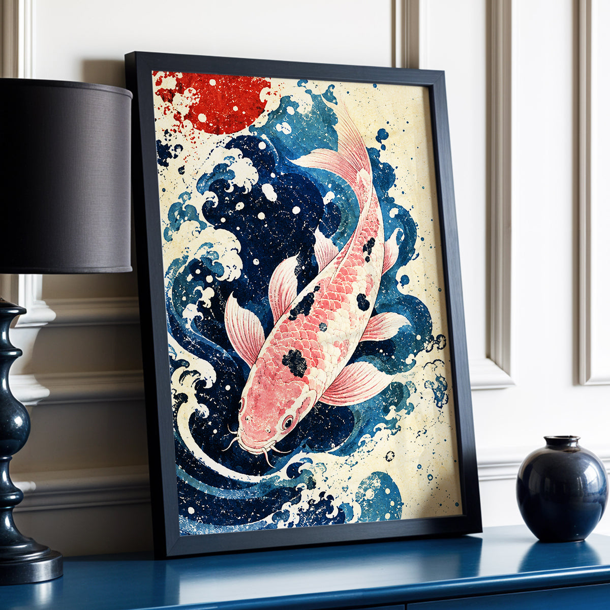 Koi in the Current, blue, pink, beige nature wall art displayed in a styled interior, gallery view 2
