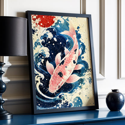 Koi in the Current, blue, pink, beige nature wall art displayed in a styled interior, gallery view 2