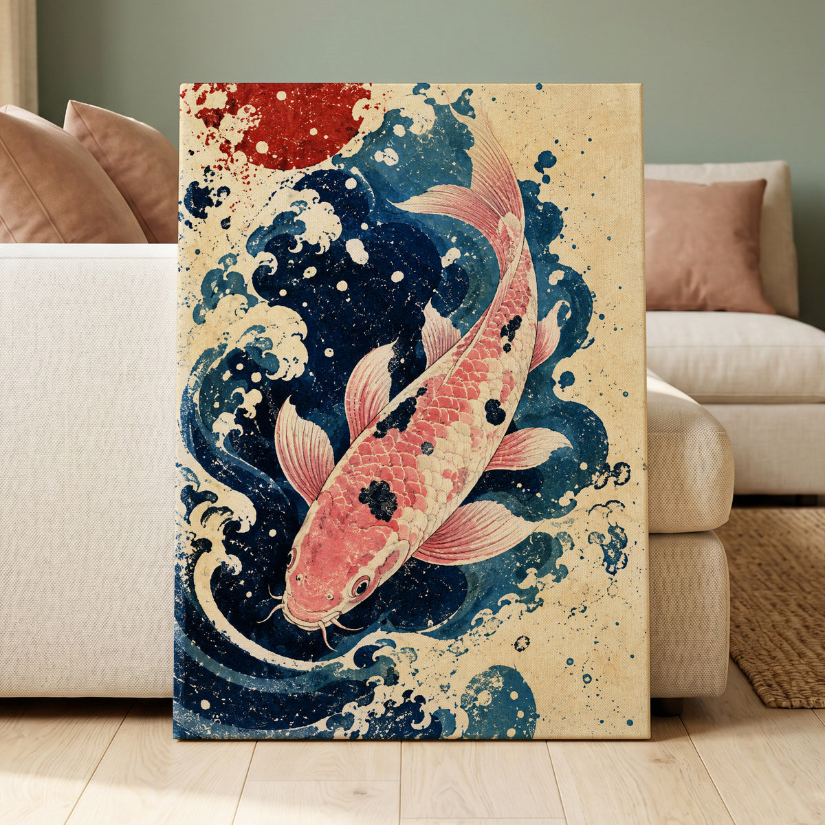 Koi in the Current, blue, pink, beige nature wall art displayed in a styled interior, gallery view 3