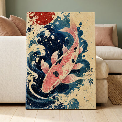 Koi in the Current, blue, pink, beige nature wall art displayed in a styled interior, gallery view 3