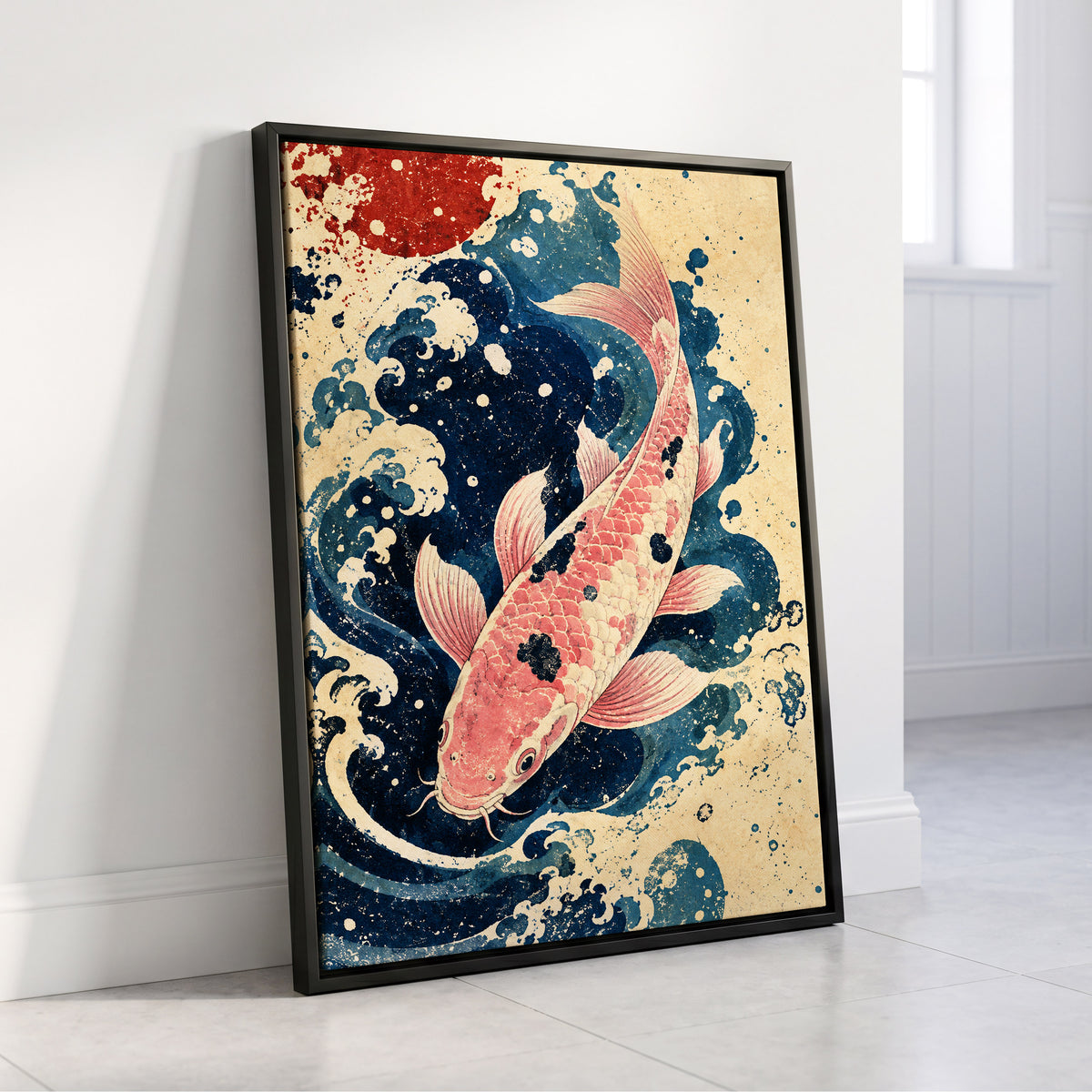 Koi in the Current, blue, pink, beige nature wall art displayed in a styled interior, gallery view 4