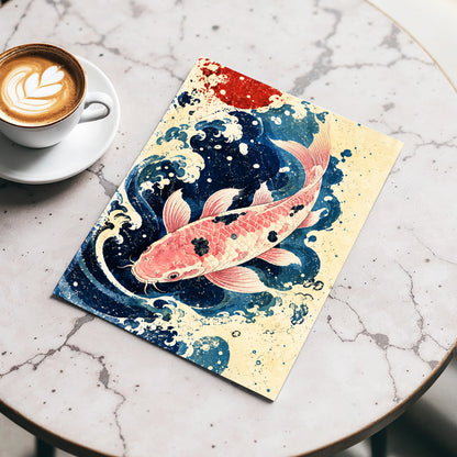 Koi in the Current, blue, pink, beige nature wall art displayed in a styled interior, gallery view 5
