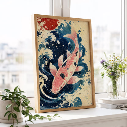 Koi in the Current, blue, pink, beige nature wall art displayed in a styled interior, gallery view 6