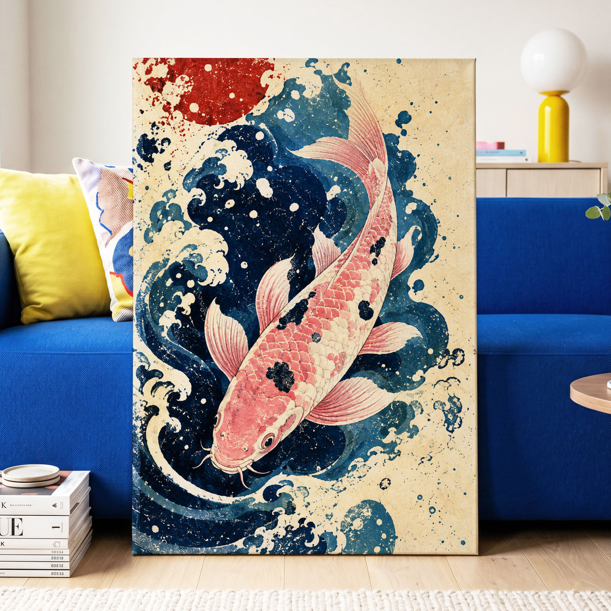 Koi in the Current, blue, pink, beige nature wall art displayed in a styled interior, gallery view 7