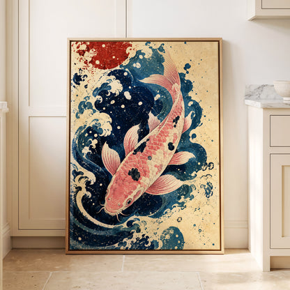 Koi in the Current, blue, pink, beige nature wall art displayed in a styled interior, gallery view 8