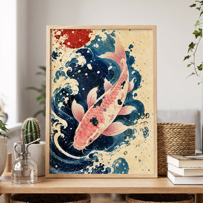 Koi in the Current, blue, pink, beige nature wall art displayed in a styled interior, gallery view 9