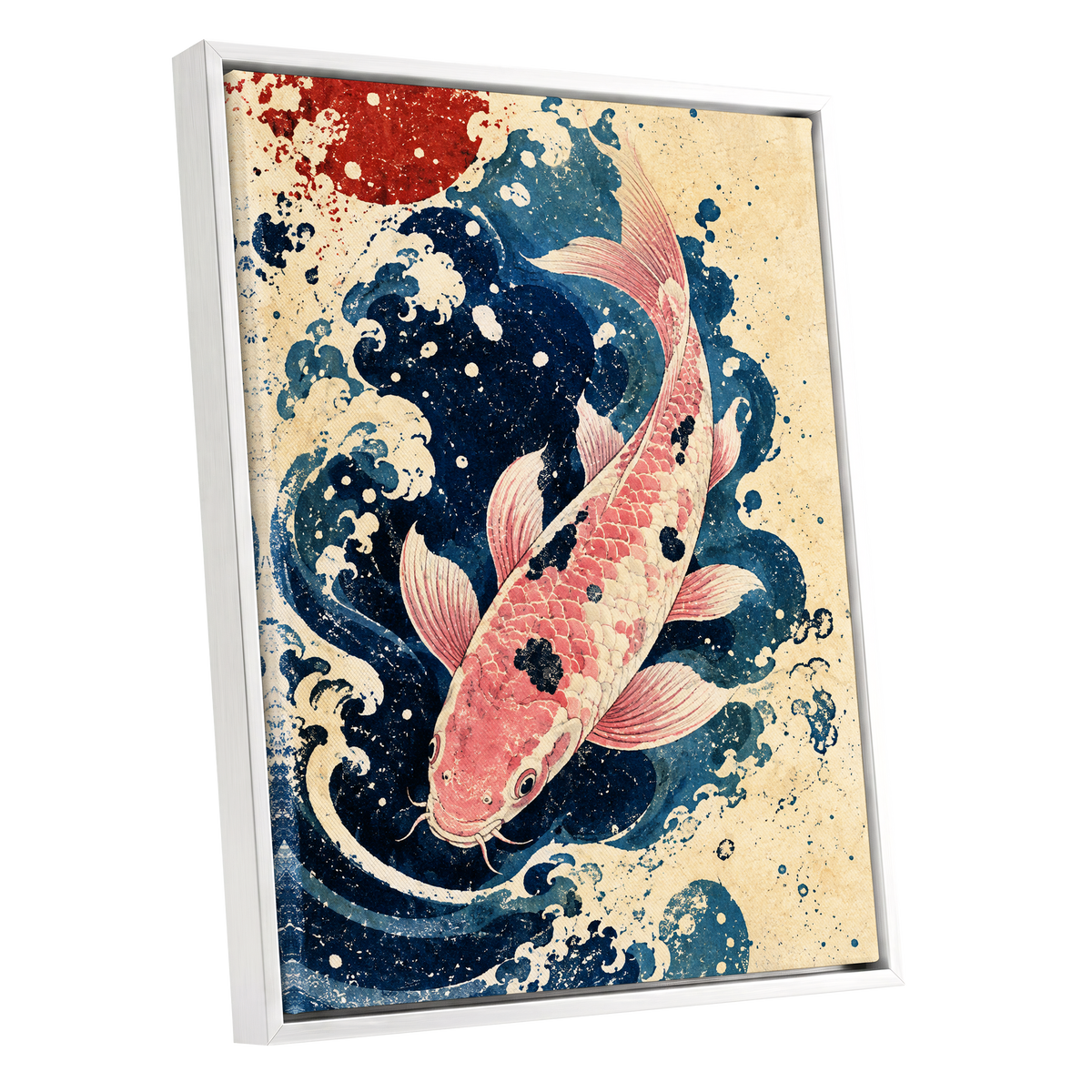 Koi in the Current, blue, pink, beige nature wall art shown as a white framed canvas wall art